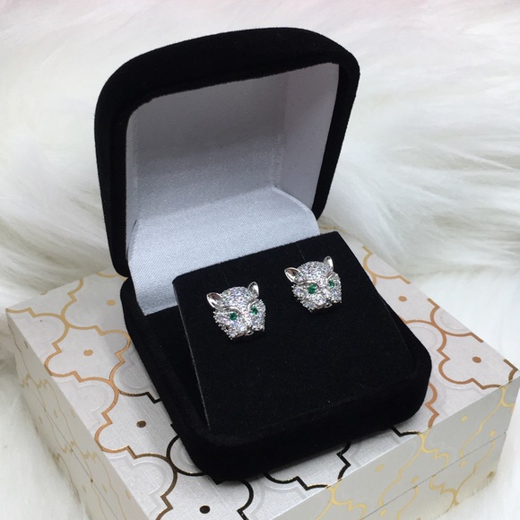 14k white gold panther earrings 2 CT diamond - Picture 3 of 9